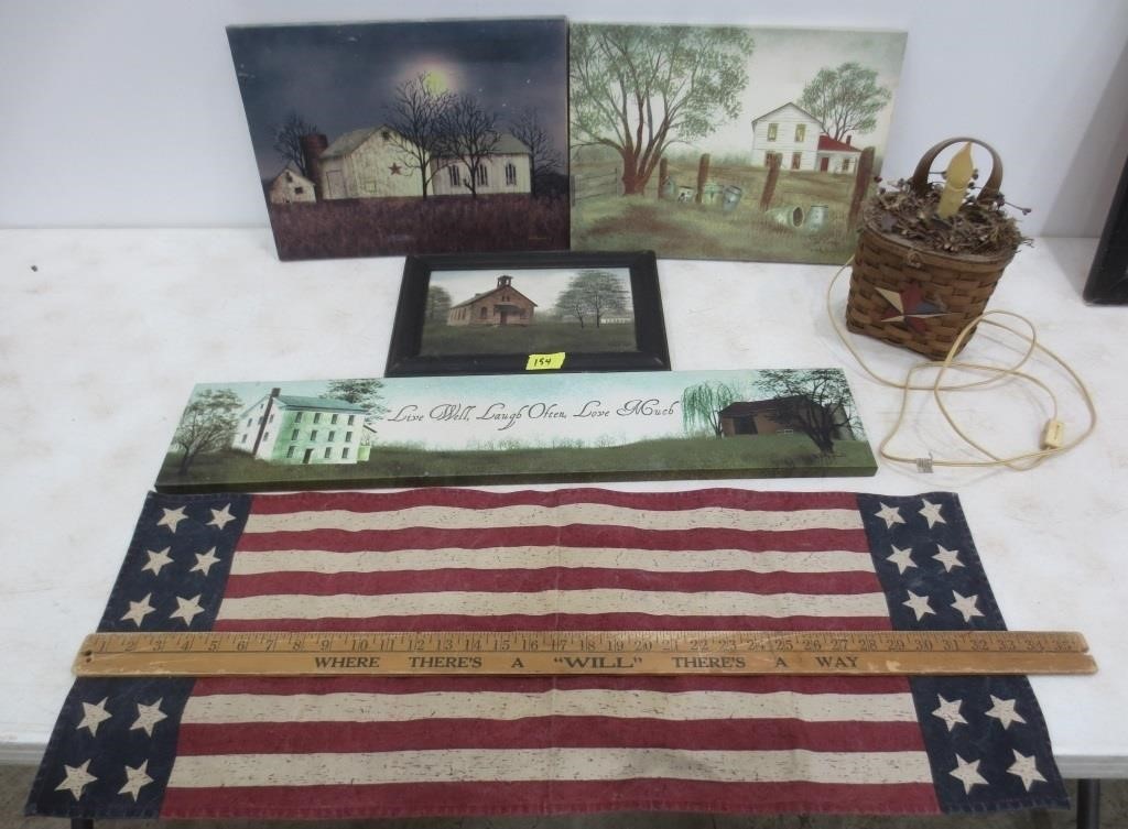 4 pictures, cloth flag, basket lamp