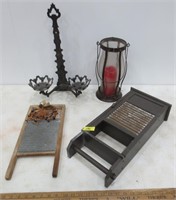 Small wash board, candle holder, misc.