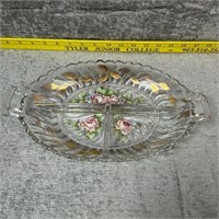 Vintage Rolled Hedge Hand Painted Glass Deli Tray