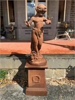 CAST IRON CHILD & BUTTERFLY STATUE ON BASE.
