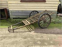 ANTIQUE CART WITH TIMBER SPOKE WHEELS.