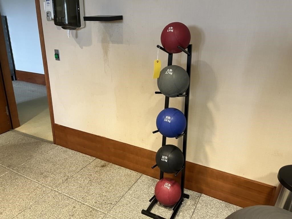 1- STAND / 5- ASSORTED WEIGHT BALLS (4- 12 LBS)