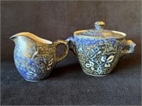 Natural Asian Pottery Blue Glaze Cream and Sugar