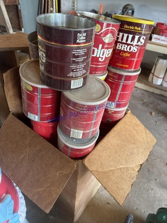 BOX OF EMPTY COFFEE CANS, PLASTIC AND METAL,