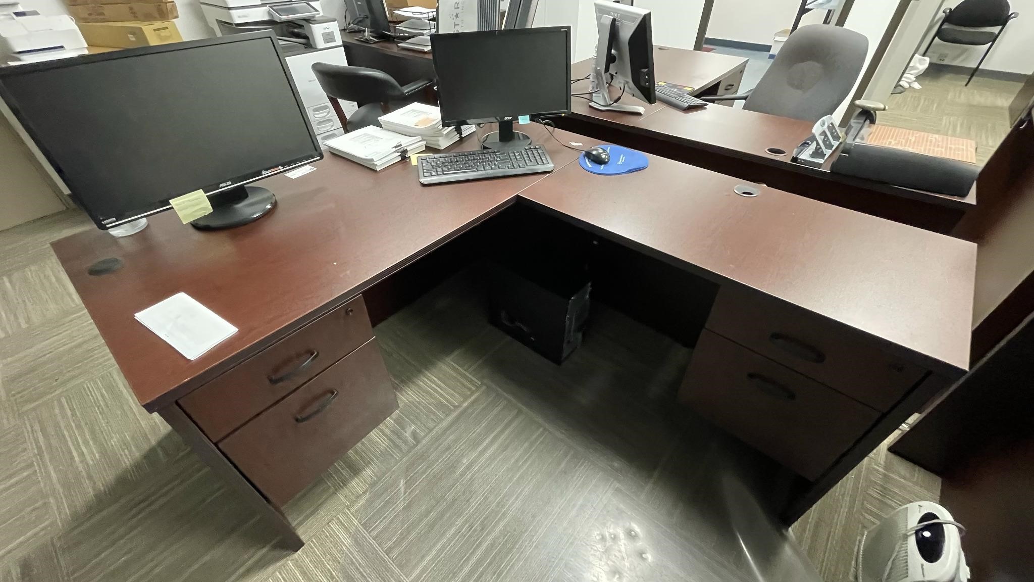 Desk Set, Mahogany L-Shape Desk w/ Contents