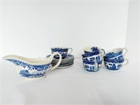 BLUE WILLOW CUPS + SAUCERS + GRAVY BOAT