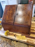 Antique burl walnut stationery box field desk +key