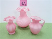 (3) Pink Satin Fenton Pieces - Pitcher,