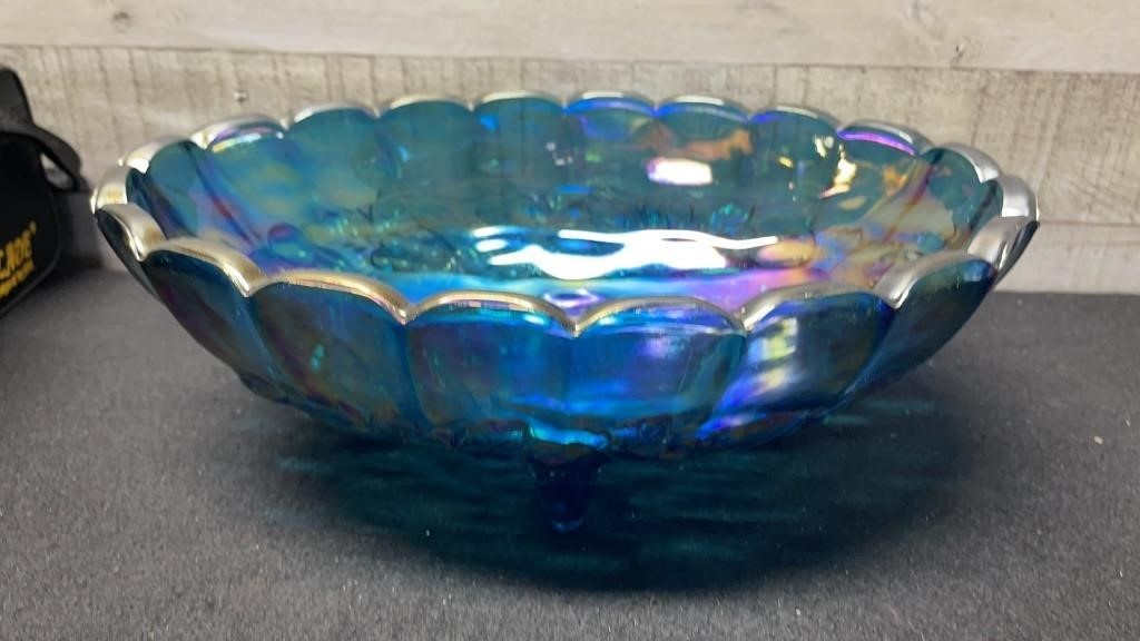 Vintage Indiana Blue Carnival Glass Oval Footed Fr