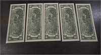 Lot of Five One Dollar Bills USD Currency