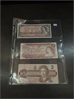 Lot of Three $2 Canadian Bills