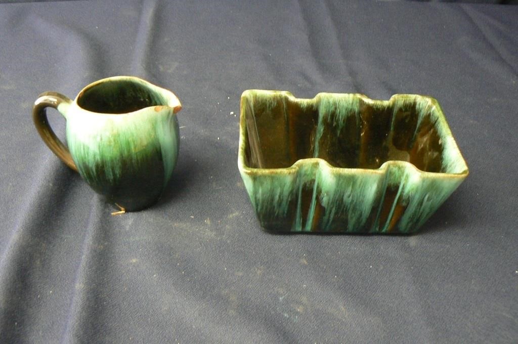 GREEN POTTERY SUGAR AND CREAMER