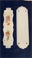 Two antique porcelain door push plates, one with