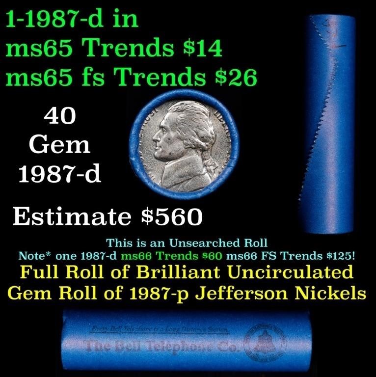 BU Shotgun Jefferson 5c roll, 1987-d 40 pcs Bank $
