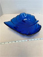 Large leaf shaped Blue Glass Bowl