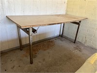 Old Heavy Duty Metal & Wood Table w Folding Legs