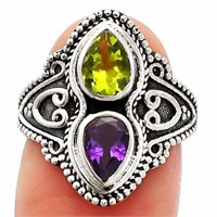 925 Sterling Silver Peridot and Amethyst Ring