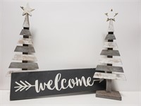 (2) Wood White Christmas Trees & Welcome Sign