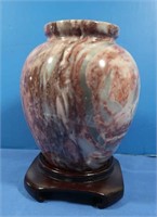 Natural Rhodochrosite Quartz Vase on Wooden Vase