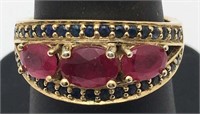 Sterling Gold Tone Ring W Natural Ruby & Sapphires