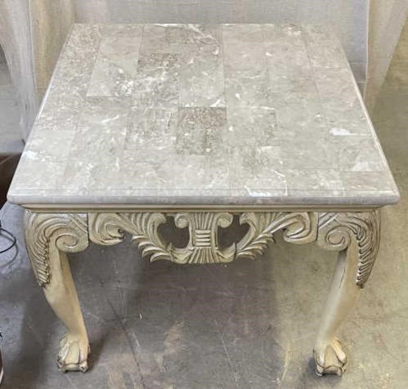 Ornately Carved Stone Top End Table