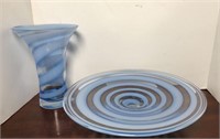 Blue Swirl Art glass Footed Bowl and Vase