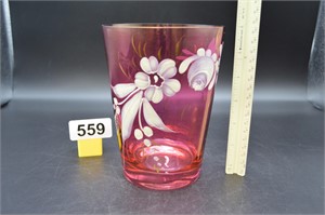Vintage painted cranberry glass flower vase