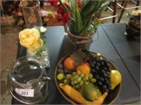 Brass fruit bowl, misc flower arrangements
