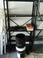 Metal shelving unit, buckets, chain Boomer