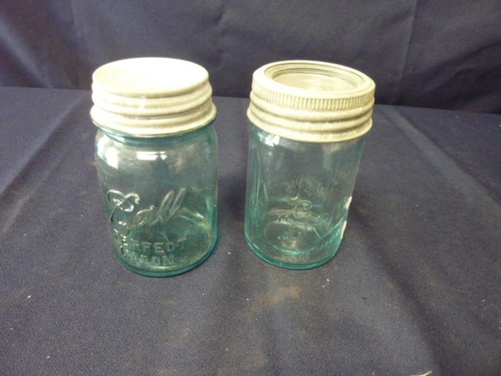 PAIR OF ANTIQUE SMALL GREEN BALL MASON JARS