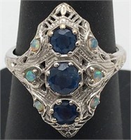 14k White Gold, Sapphire & Opal Filigree Ring