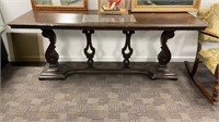 Ornate heavy pine dark wood table (length 70” x