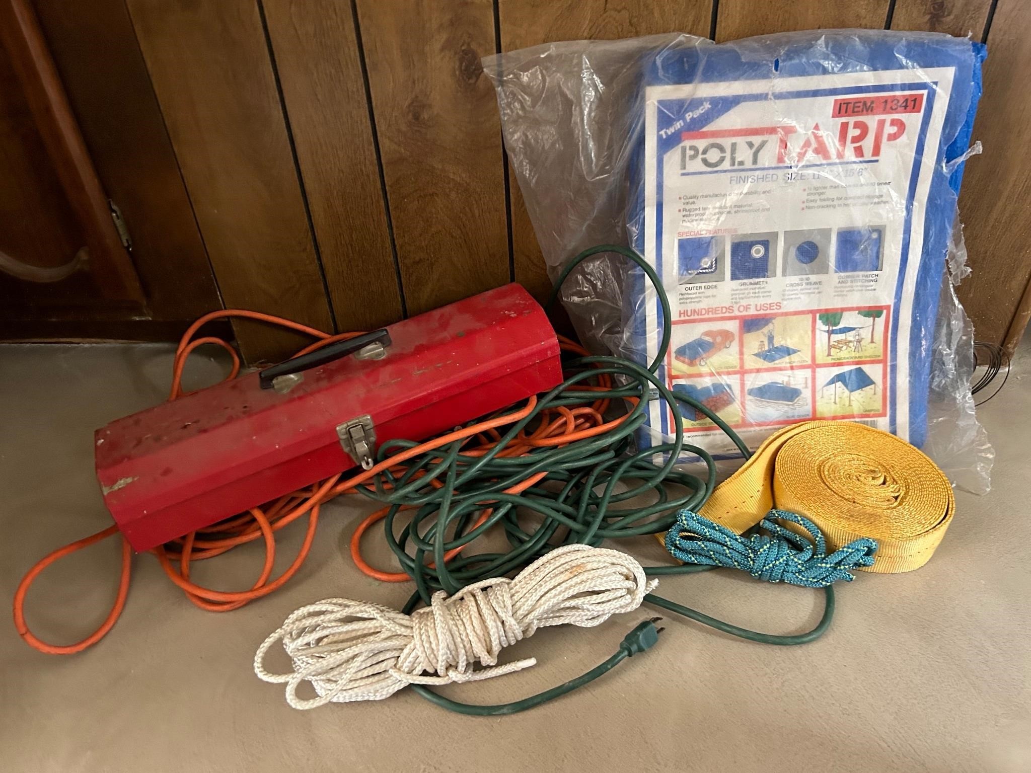 Tarp, Extension Cords, Rope, Tool Box