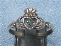 S.S. Vtg. Crown Heart Ring W/Stone Hallmarked