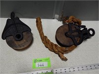 2 Antique pulleys; 1 reel is not attached