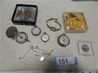 Pocket watches, wrist watch; none tested; necklace