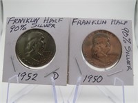2 Franklin Half Dollars 1952 D, 1950