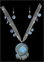 Silver & Turquoise Color Necklace & Earring Set-BE