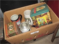 BOX LOT WITH TINS AND BEER STEINS-BUDWEISER/COORS