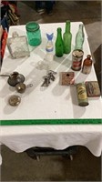 Vintage cans and bottles, dog chain, glass