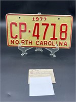 1977 North Carolina license plate & registration