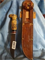 Stag Handle Hunting Knife w/Leather Sheath