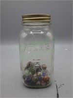 Vintage Atlas mason jar with marbles