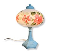 Antique Hand Painted Glass Floral Lamp, Blue