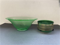 (2)pcs Vintage Green Glass (Large Swirl Bowl &
