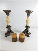 (2) Alabster-Like Pillar Candleholders