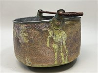 Antique Round Copper Cauldron w/ Iron Handle
