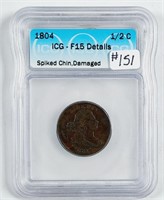 1804  Half Cent   ICG F-15 details  spiked chin