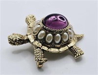 Purple Rhinestone & Faux Pearl Turtle Brooch