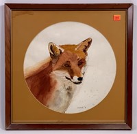 Fox watercolor, Herrick, 12" round in 16" square